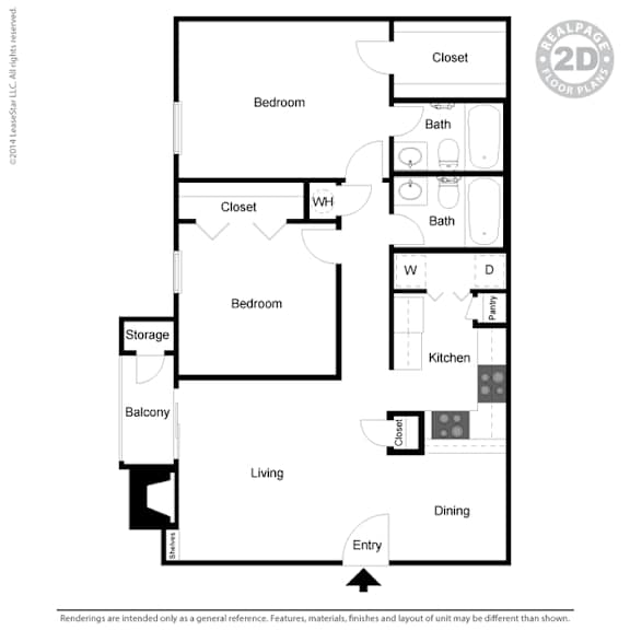 A black and white floor plan of a two-bedroom apartment.