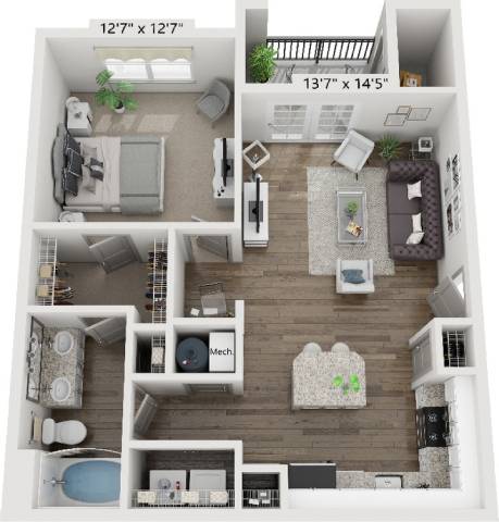 A floor plan of a small apartment with a living room, kitchen, and two bedrooms.