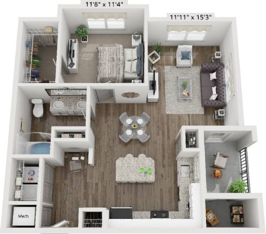 A floor plan of a two-bedroom apartment with a living room, kitchen, and bathroom.