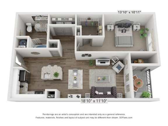 A 3D floor plan of a house with a living room, kitchen, and two bedrooms.
