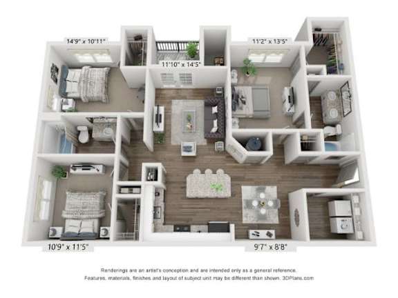 A floor plan of a two-bedroom apartment with dimensions and a disclaimer.