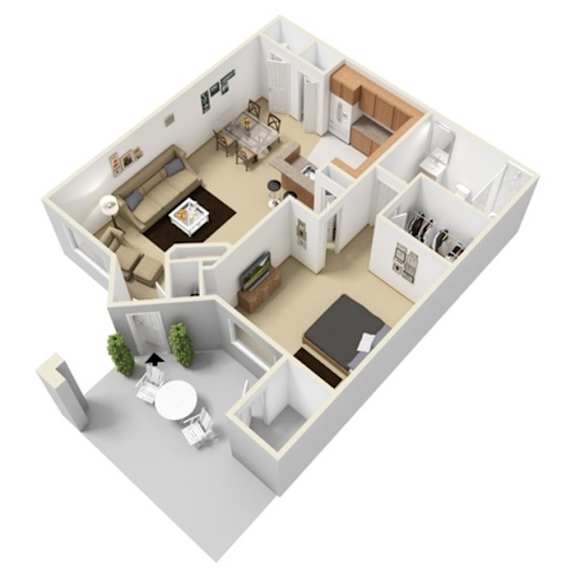 Floor Plan  A 3D floor plan of a house with a living room, kitchen, dining room, and bathroom.
