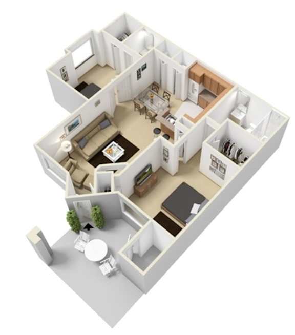 A 3D floor plan of a house with a living room, kitchen, dining room, and bathroom.
