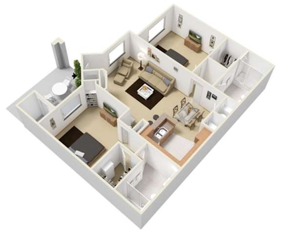 A 3D floor plan of a house with a living room, kitchen, and two bedrooms.