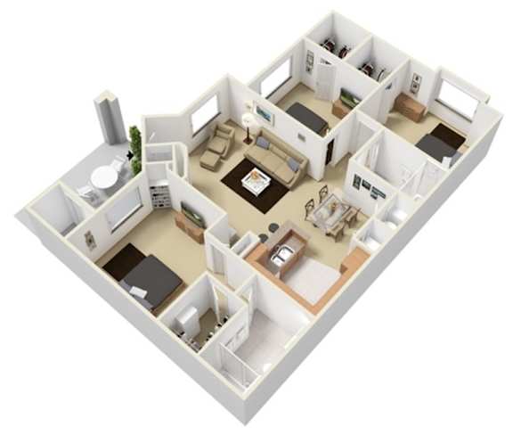 A 3D floor plan of a house with a kitchen, living room, and two bedrooms.
