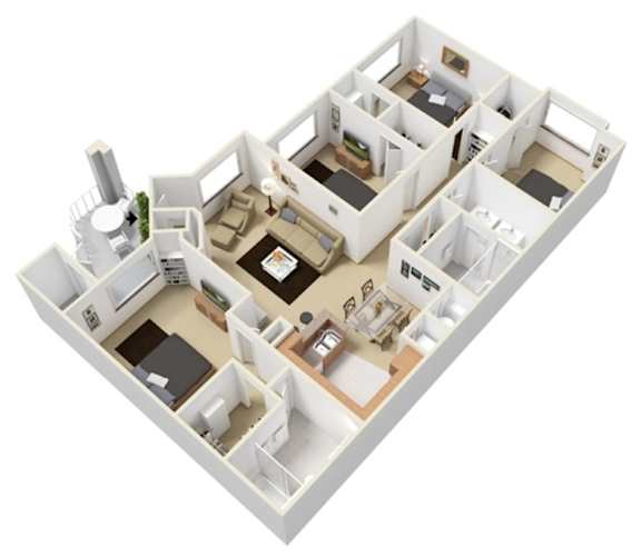 A 3D floor plan of a house with multiple rooms.
