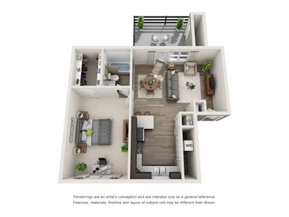 A 3D rendered image of a modern apartment layout.