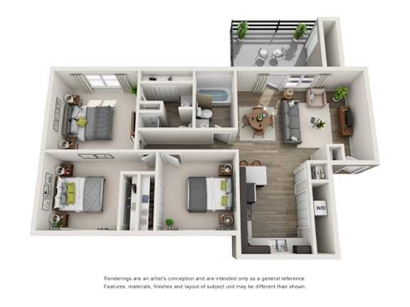 A 3D floor plan of a house with a kitchen, living room, bedrooms, and bathrooms.