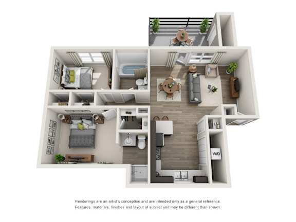 A 3D floor plan of a house with a kitchen, living room, and two bedrooms.