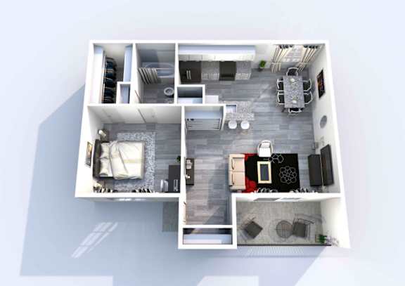 A top-down view of a small apartment with a kitchen, living room, and bedroom.