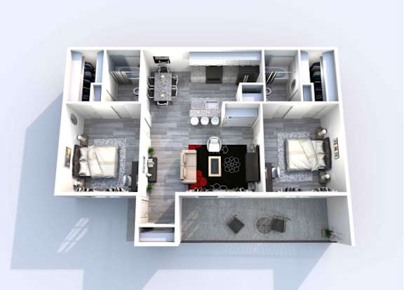 A top-down view of a modern apartment layout with a kitchen, living room, and two bedrooms.