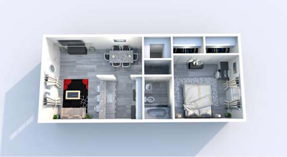 A top-down view of a small apartment with a kitchen, living room, and bedroom.