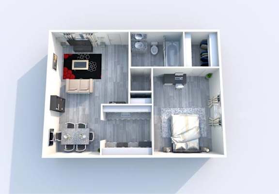 A top-down view of a small apartment with a bedroom, living room, and kitchen area.