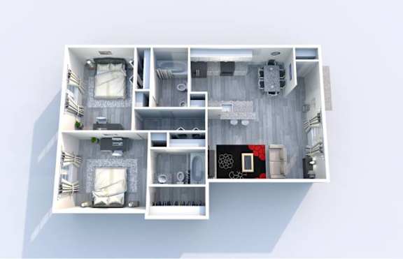 A 3D floor plan of a small apartment with two bedrooms and a living area.