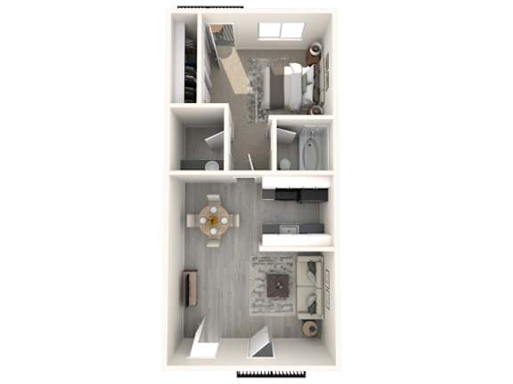 A 3D floor plan of a small apartment with a kitchen, living room, and bathroom.