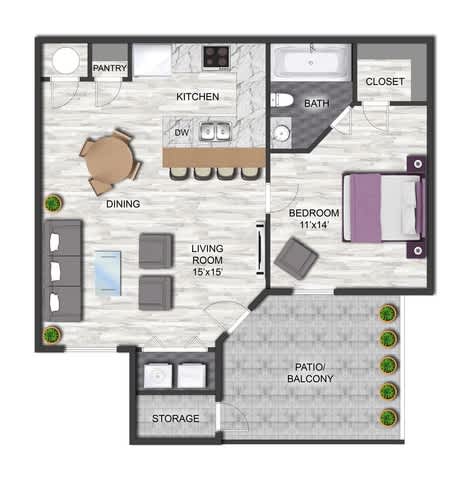 Floor Plan  A floor plan of a house with a kitchen, living room, and dining area.