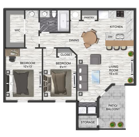 A floor plan of a house with two bedrooms, a living room, a kitchen, a bathroom, a pantry, a dining area, a closet, a storage area, and a patio/balcony.