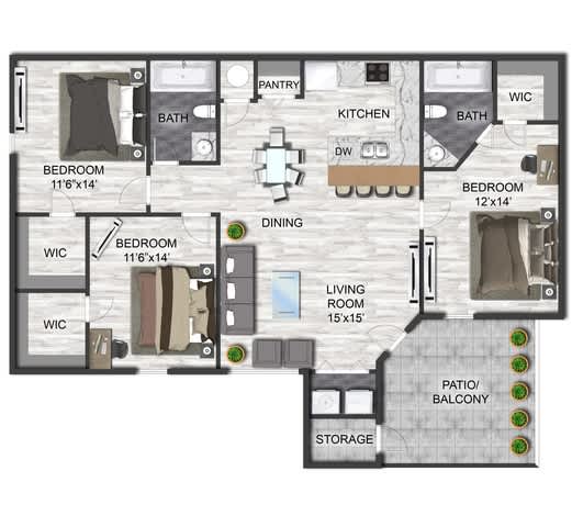 A floor plan of a house with three bedrooms, a living room, a kitchen, a dining room, a patio, a balcony, and storage.