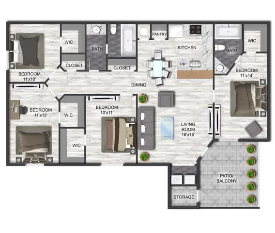 A floor plan of a house with three bedrooms, a living room, a kitchen, a pantry, a storage area, and a patio/balcony.