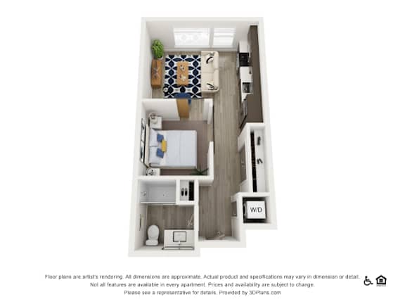 A 3D floor plan of a small apartment with a kitchen, living room, and bathroom.