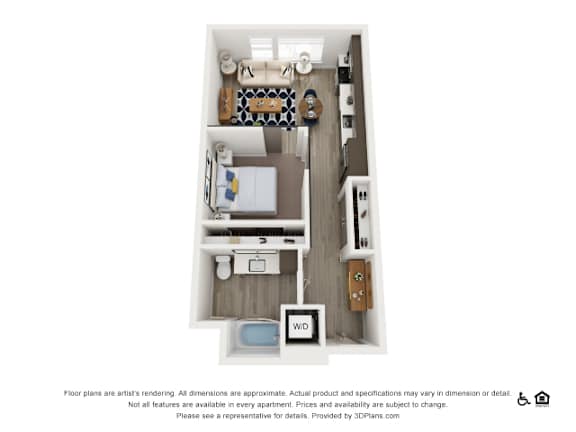 A 3D floor plan of a small apartment with a kitchen, living room, and bathroom.
