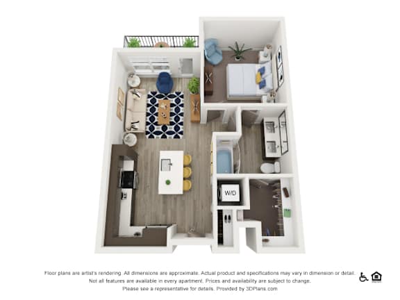 A 3D floor plan of a small apartment with a kitchen, living room, and bedroom.