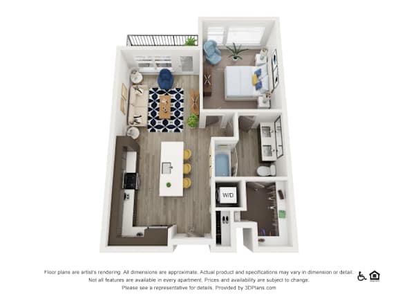 A 3D floor plan of a small apartment with a kitchen, living room, and bathroom.