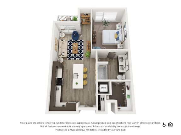 A 3D floor plan of a small apartment with a kitchen, living room, and bathroom.