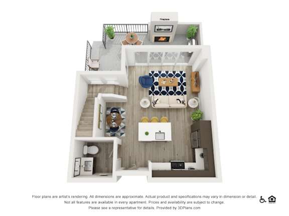 A 3D floor plan of a small apartment with a kitchen, living room, and bathroom.