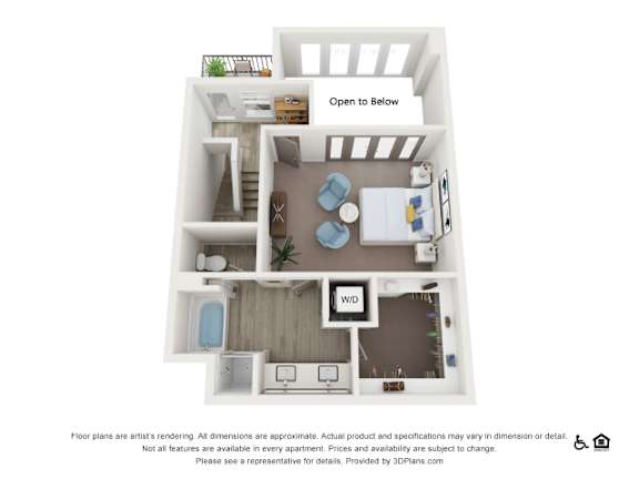 A 3D floor plan of an apartment with a living room, kitchen, and bathroom.