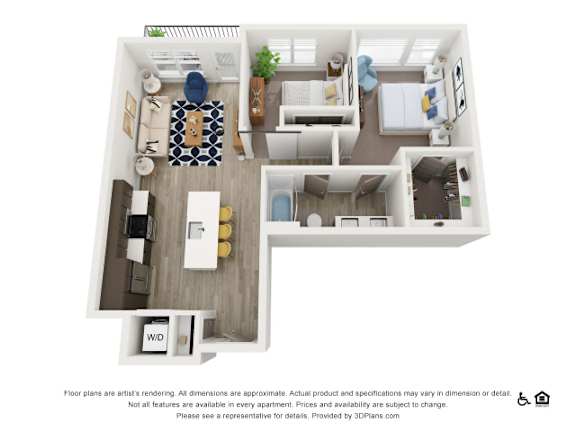 A 3D floor plan of a small apartment with a kitchen, living room, and bedroom.