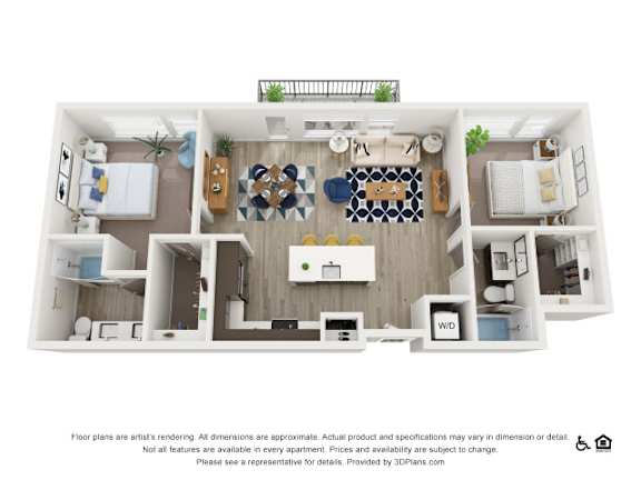 A 3D floor plan of a small apartment with a kitchen, living room, and bedroom.
