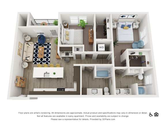 Floor Plan  A 3D floor plan of a small apartment with a kitchen, living room, bedroom, and bathroom.