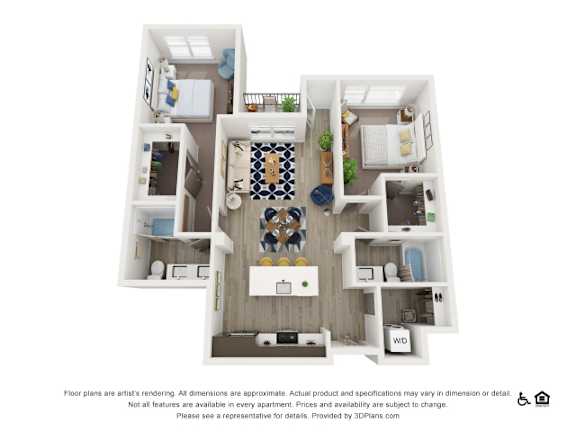 A 3D floor plan of a small apartment with a kitchen, living room, and bathroom.