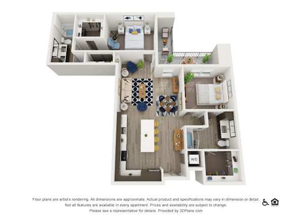 A 3D floor plan of an apartment with a living room, kitchen, and bedrooms.