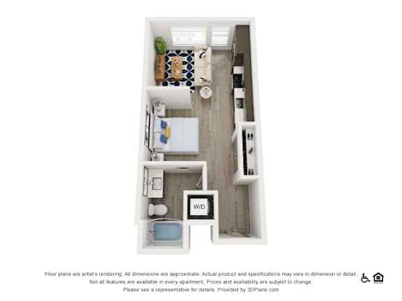 A 3D floor plan of a small apartment with a kitchen, living room, and bathroom.