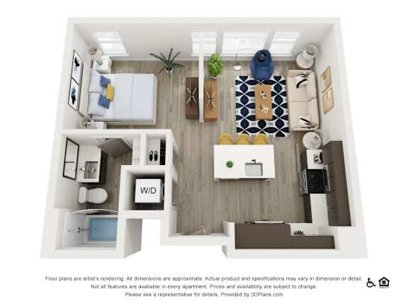 A 3D floor plan of a small apartment with a kitchen, living room, and bathroom.