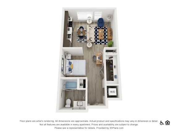 A 3D floor plan of a small apartment with a kitchen, living room, and bathroom.