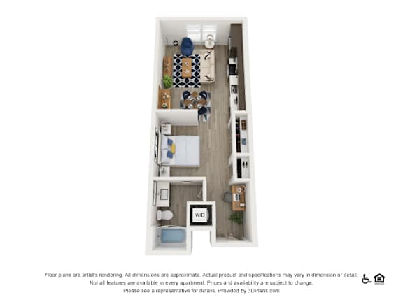 A 3D floor plan of a small apartment with a kitchen, living room, and bathroom.