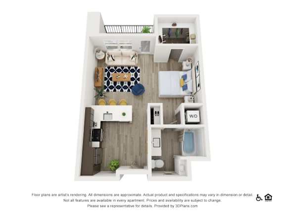 A 3D floor plan of a small apartment with a kitchen, living room, and bathroom.