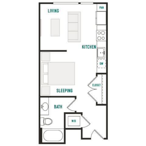 A floor plan of a small apartment with a living room, kitchen, sleeping area, and bathroom.