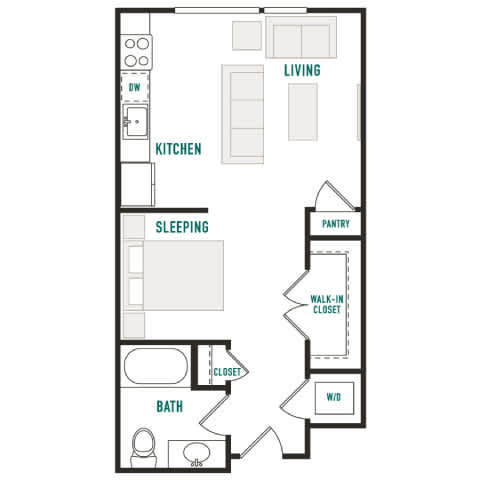 A floor plan of a house with labeled rooms such as living, kitchen, sleeping, pantry, bath, closet, and walk-in closet.