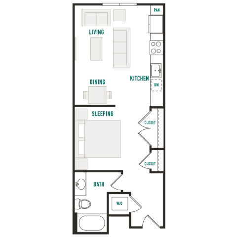 A floor plan of an apartment with a living room, dining room, kitchen, sleeping area, and bathroom.