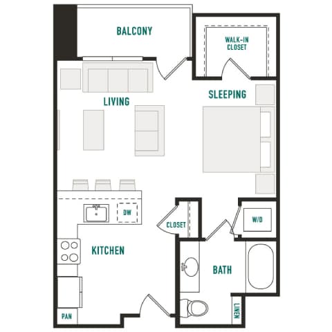 A floor plan of an apartment with a living room, kitchen, sleeping area, and bathroom.