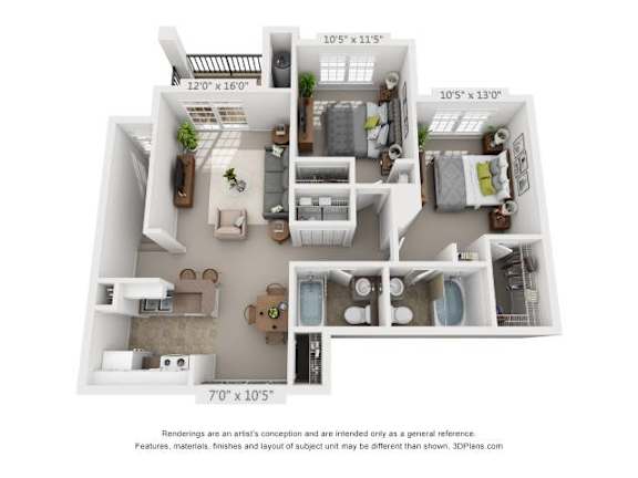 A 3D floor plan of a house with a living room, kitchen, dining room, and two bedrooms.