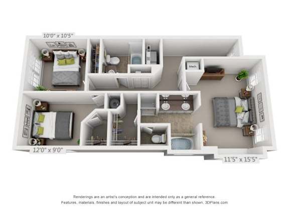 A 3D floor plan of a small apartment with a kitchen, living room, and two bedrooms.