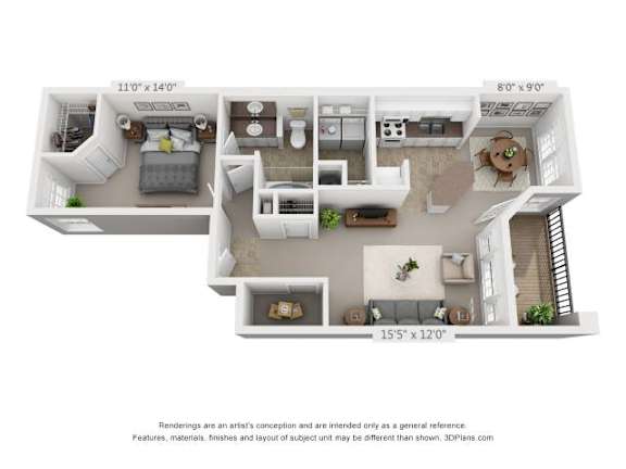 A 3D floor plan of a two-bedroom apartment with dimensions and a disclaimer at the bottom.