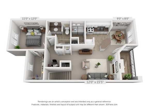 A 3D floor plan of a small apartment with a kitchen, living room, and two bedrooms.