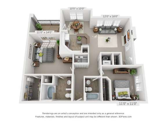 A 3D floor plan of a house with a living room, kitchen, dining room, and bathrooms.