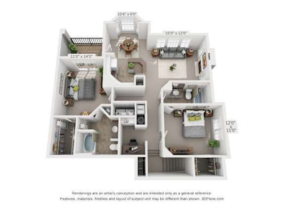 A 3D floor plan of a house with a living room, kitchen, dining room, and two bedrooms.